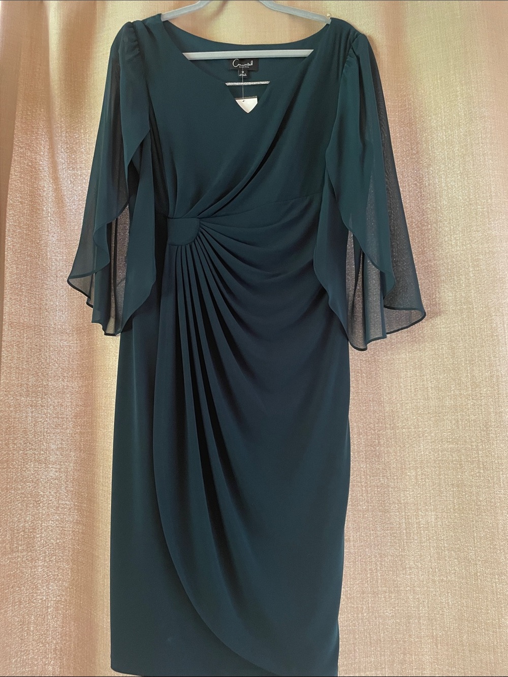 Hunter Teal Midi Dress with Draped Knot and Chiffon Sleeves